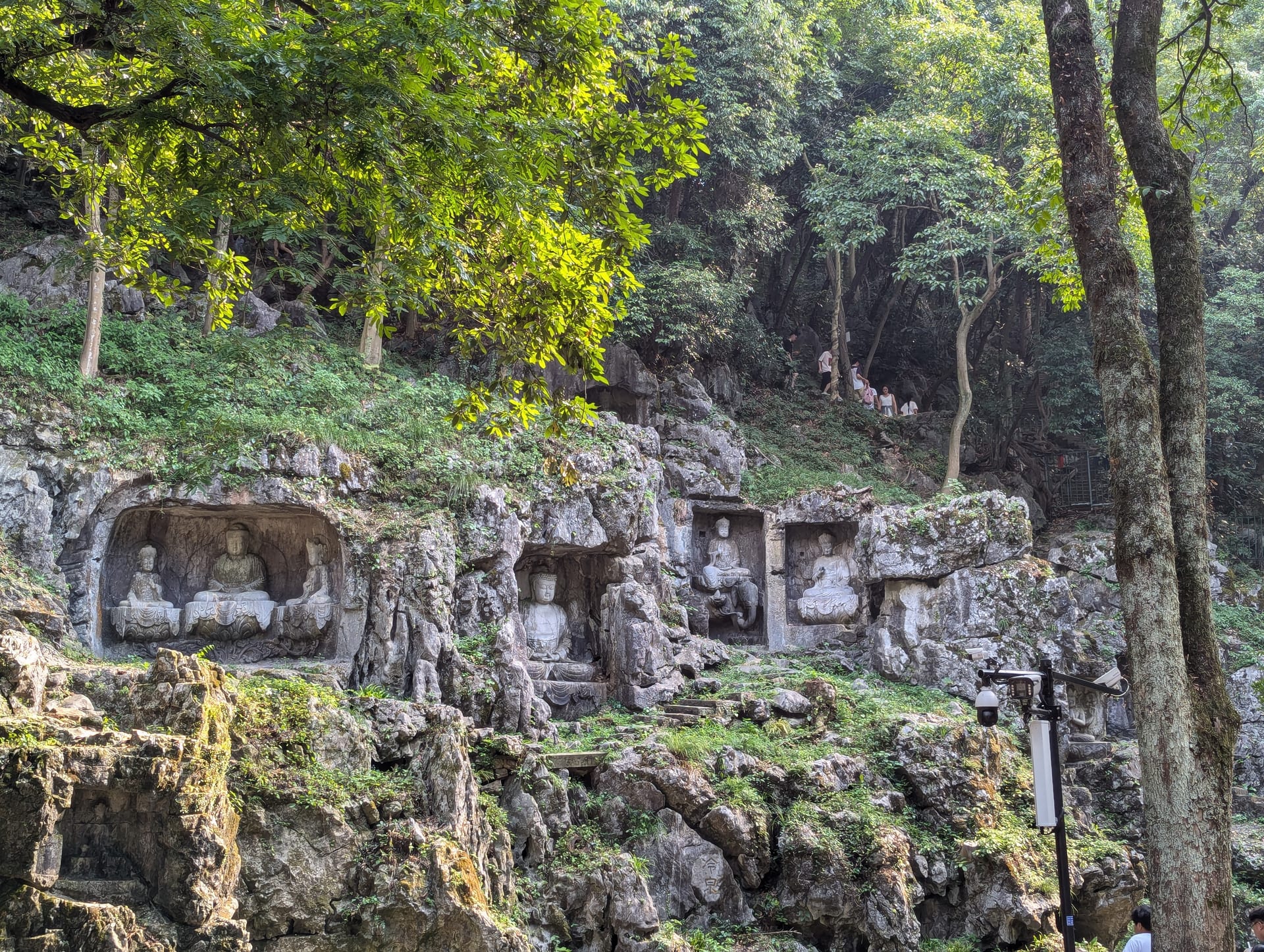 Buddhist grottoes among the trees at Feilai Peak