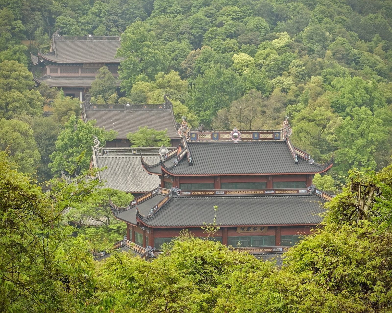 Lingyin Temple rooftops emerging through Hangzhou’s forested western hills